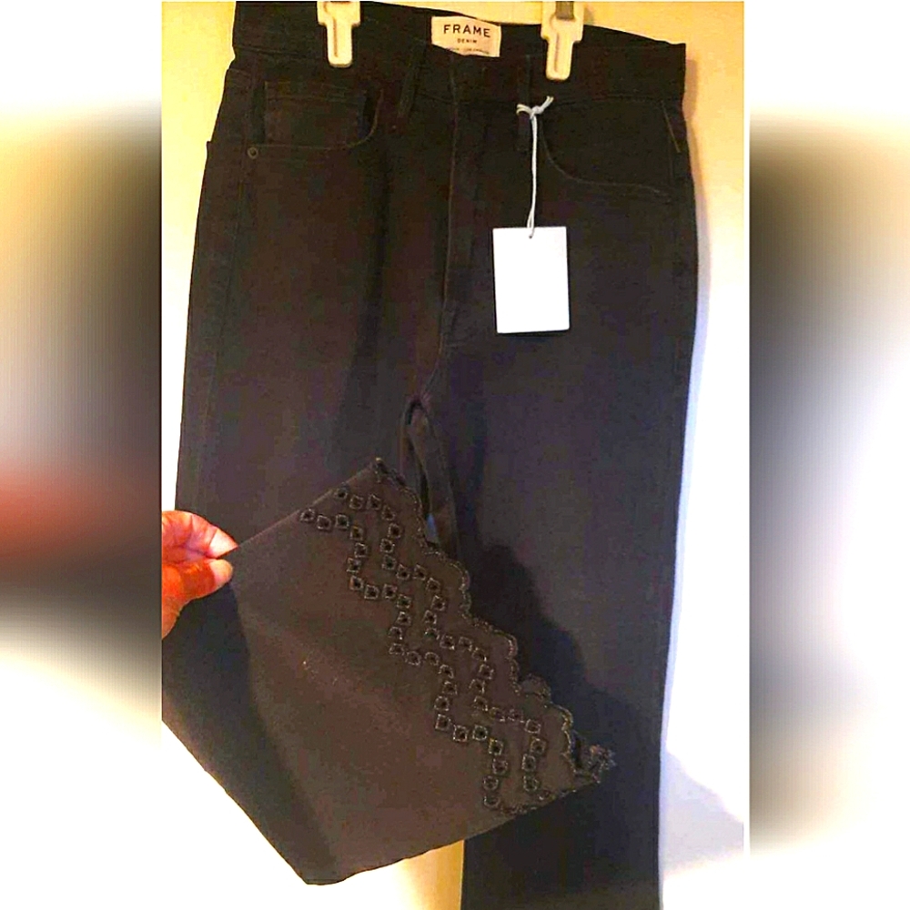 FRAME high rise black eyelet bottom crop jeans
